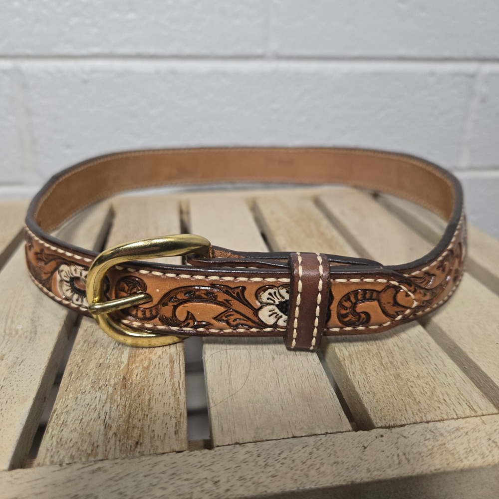 Vtg‎ Dun Dee Tooled Leather Cinch Belt 28 Donna Floral Western Rodeo Maximalist